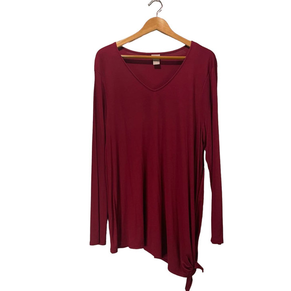 Chico’s Cranberry Burgundy Top T-Shirt 4 ( XXL ) V-Neck Asymmetrical Side Tie - Picture 1 of 13